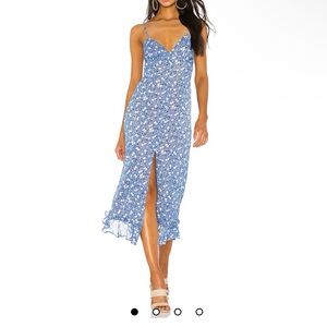 MAJORELLE Quincy Midi Dress Blue and White Slit Midi Dress